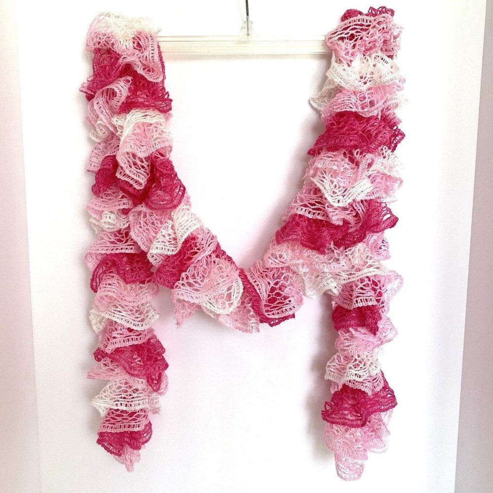 Knitted Tiered Hand Made Pink White Lightweight Scarf Incredible Ruffles 70”x5”